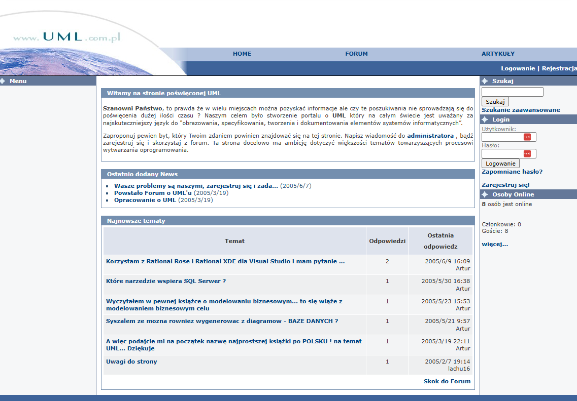 Strona główna uml.com.pl z forum i najnowszymi tematami, 12 czerwca 2005 roku
